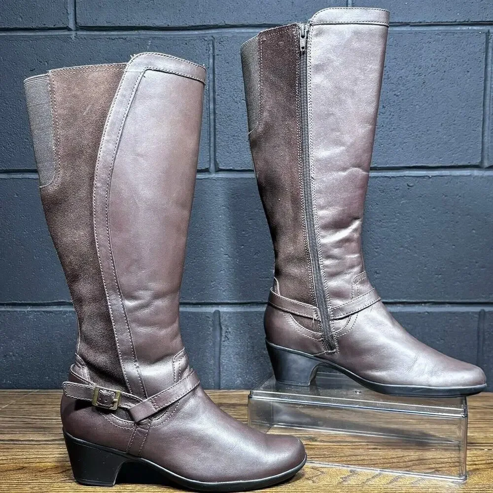 Clarks Bendables Knee High Riding Boots Women’s 8 Brown Leather Wide Calf Zip